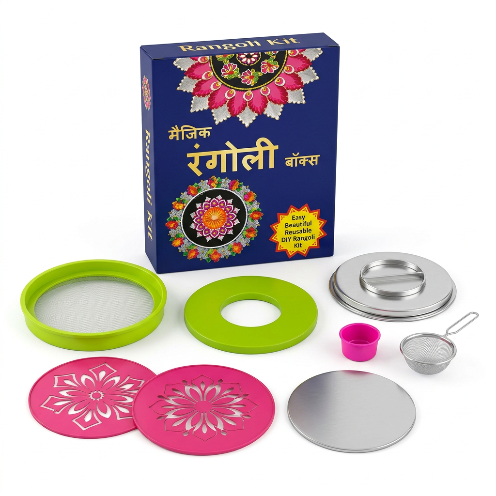 सफेद बैकग्राउंड पर रंगोली किट